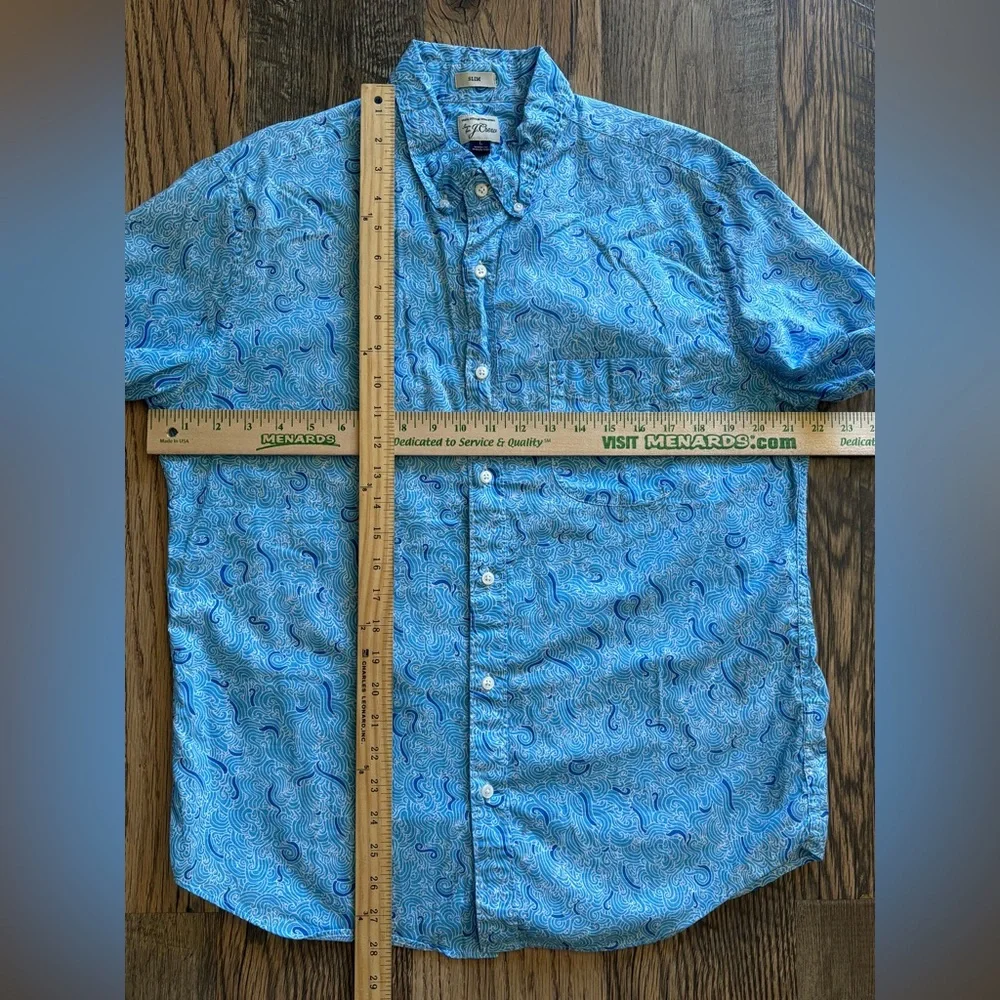 J. Crew Slim Large Blue White Pattern Short Sleeve Cotton Pocket Button Shirt - Picture 4 of 10
